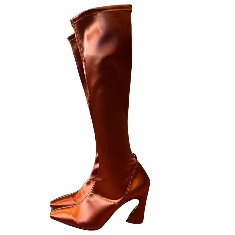 ZIMMERMANN Silk Copper Satin Stretch Sock Knee Boots - Chain-trim not included